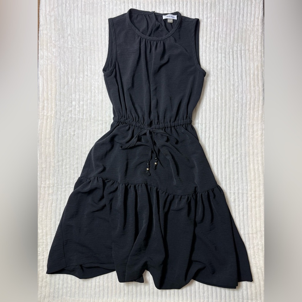 Calvin Klein Black Sleeveless Tiered A-Line Dress Drawstring Waist Casual SZ 4